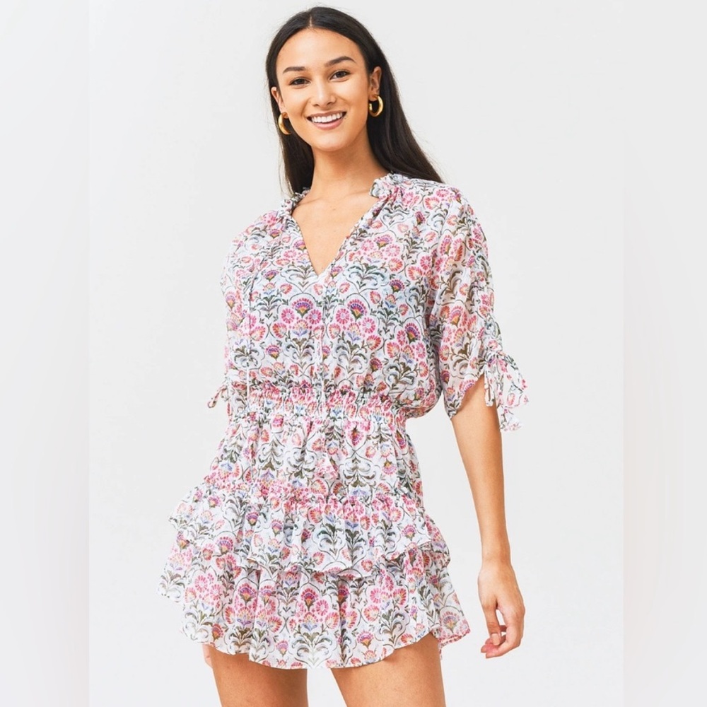 Misa Los Angeles Pink & Green Floral Ruffle Mini Dress